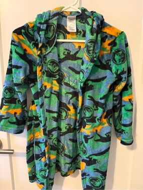 Kids' Jurassic World Plush Hooded Robe - Green & Blue Dino Print